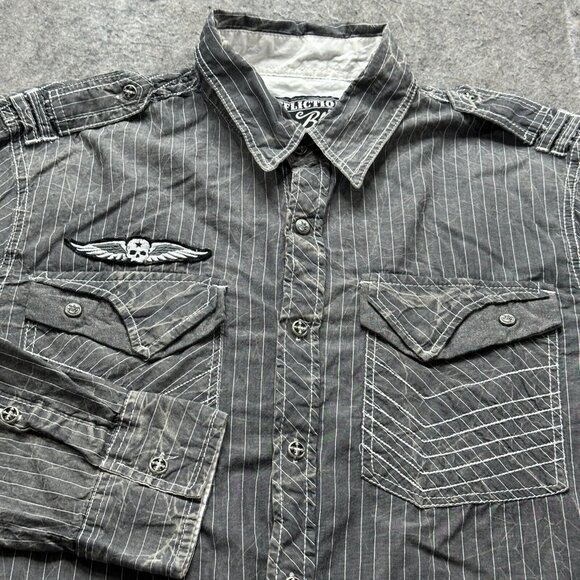 Affliction Button Up Shirt Men XL Gray Striped Skull Patch Long Sleeve - Picture 1 of 13